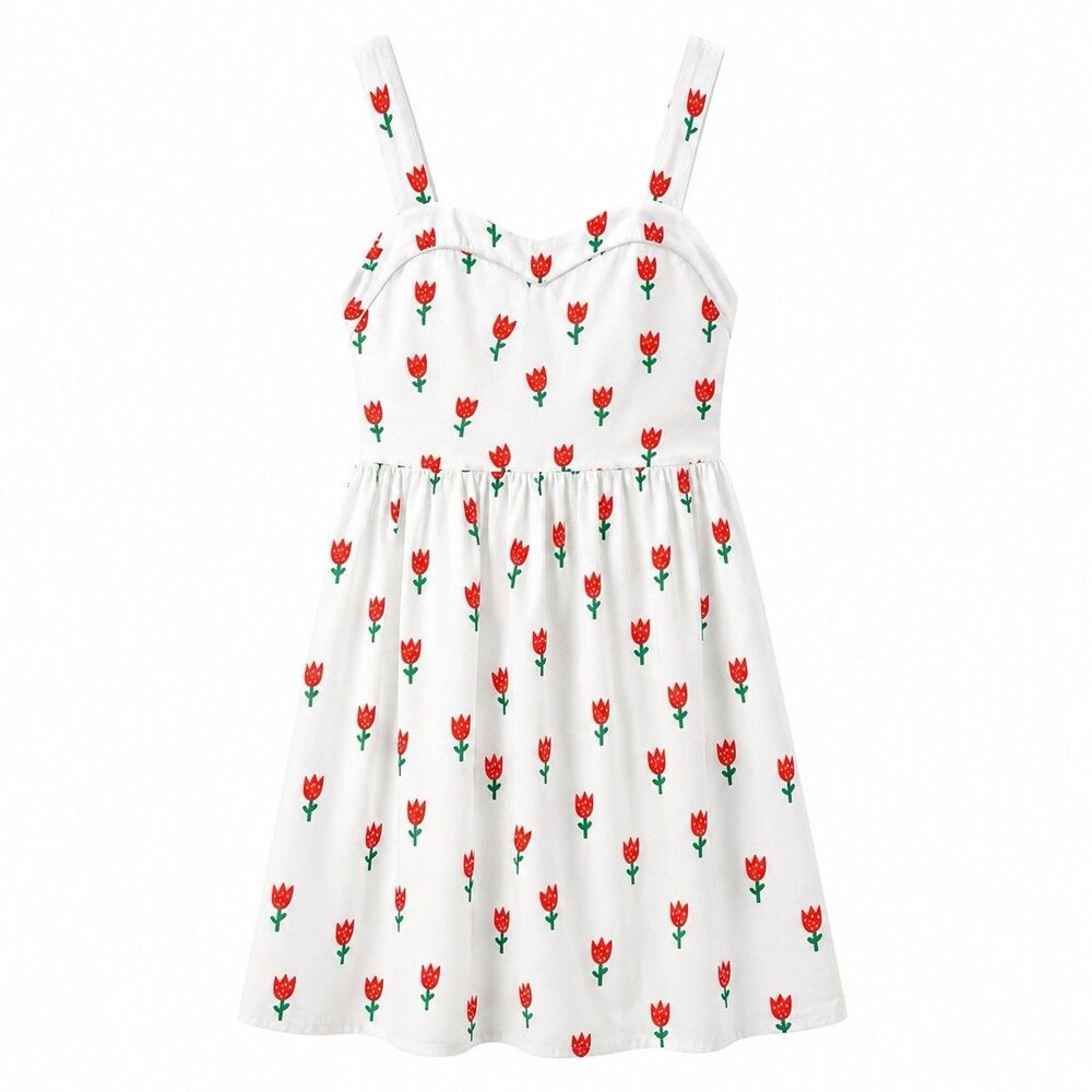 Tulip Print Sundress Sweetheart Neck White Floral Cottagecore Summer Dress L - Picture 2 of 8